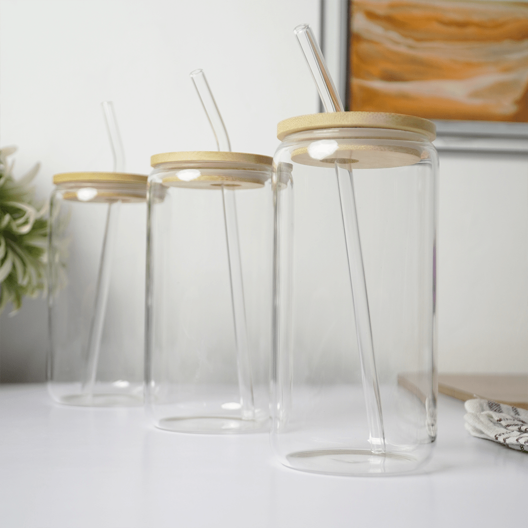 Clear Glass Tumbler with Bamboo Lid & Reusable Glass Straw - Memories Insite